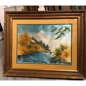 Vintage Asian Silk Needle Point Framed 18x21